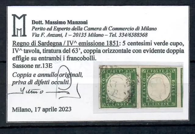 1861 Quarta Di Sardegna 5 Cent Verde Cupo Con Evidente Doppia Effige Certificata