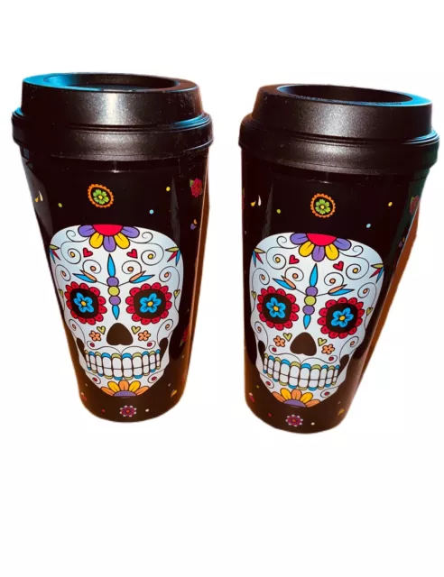 LOT OF 2 Day Of The Dead Dia De Los Muertos Sugar Skull Coffee Mug Tumbler 16 Oz