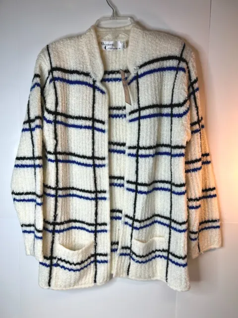 Vintage Western Connection Open Front Chunky Knit Cardigan Blue Black Stripe-M