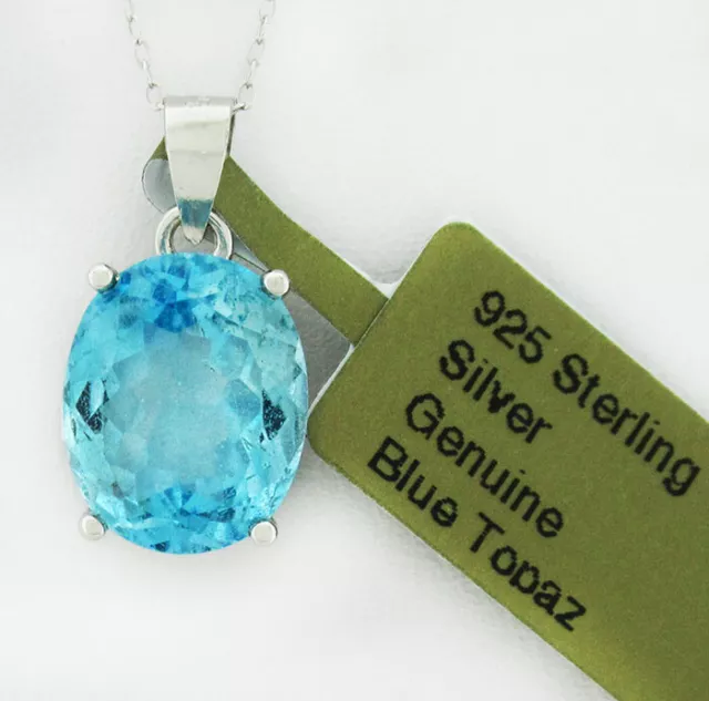 GENUINE 3.85 Cts BLUE TOPAZ SOLITAIRE PENDANT .925 STERLING SILVER -New With Tag