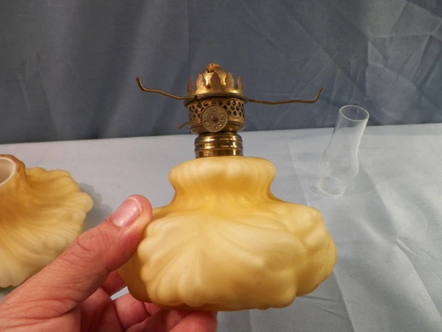 Fenton Satin Honey Amber Overlay Cased Glass Plume Mini Miniature Oil Lamp 6
