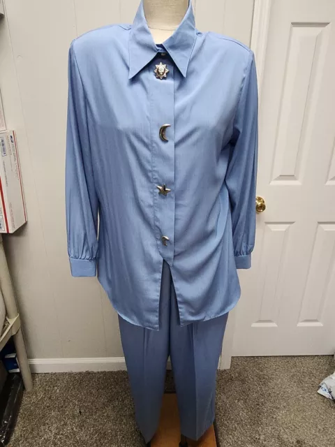 VTG Maggie Sweet Blue   2pc L Large Blouse Tunic Top Pants Set Pockets Made USA