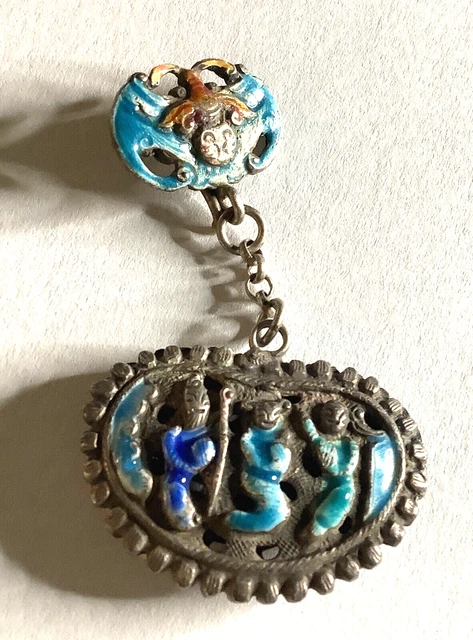 VTG  CHINESE Silver ENAMEL PENDANT PEOPLE SCENE BAT SHOU SYMBOL HANGER 4 NECKLAC