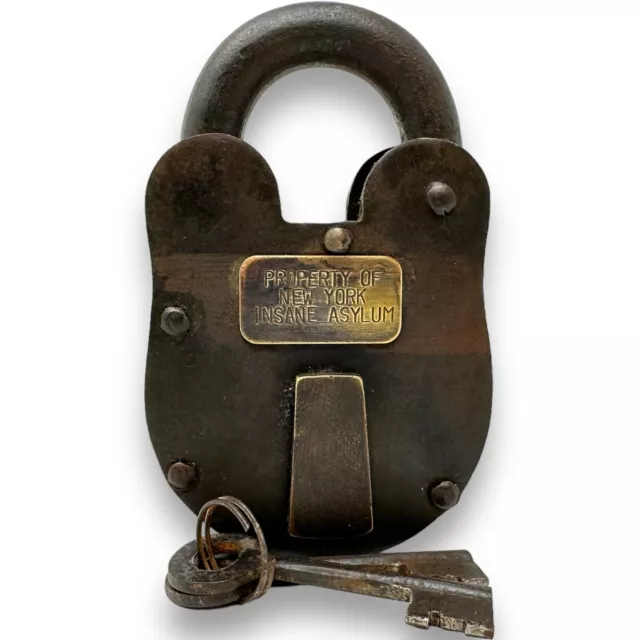 New York Insane Asylum Working Huge XL 3" x 5" Iron Lock & Keys, Antique Finish