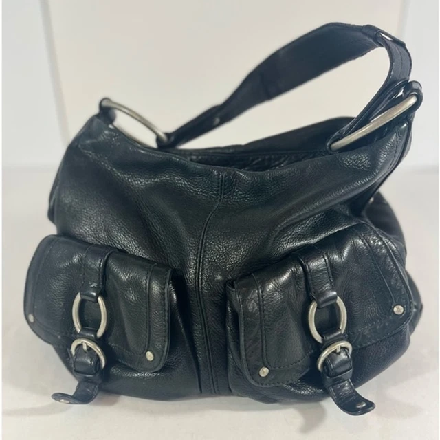 SIGRID OLSEN Black Soft Leather Hobo Magnet Front Closures One Strap Bag Purse