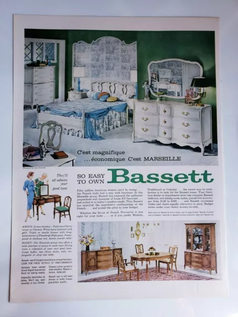 Vintage 1959 Bassett Furniture Print Ad Ephemera Art Decor Marseille