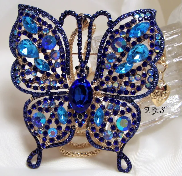 Betsey Johnson Necklace-Huge Blue Butterfly Rhinestone Bling Pendant-NWT