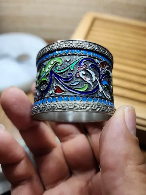 Ornate Antique ST. PETERSBURG Russian Gilded Silver Cloisonné Enamel Napkin Ring