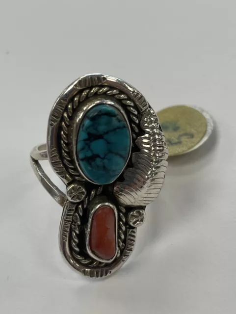 Vintage Southwestern Native American Ring Turquoise Coral 925 Sterling Silver