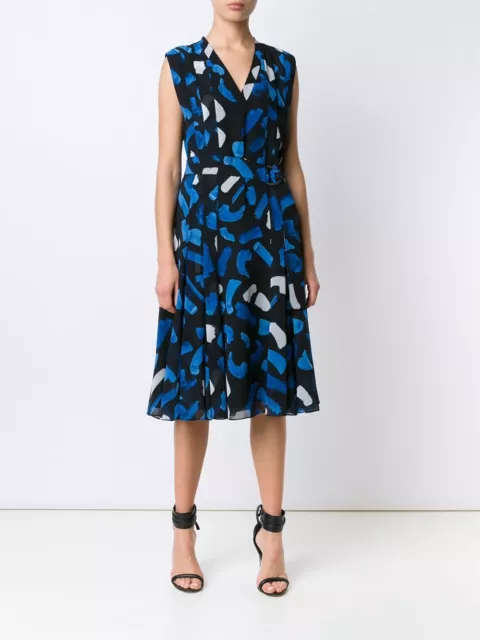 NEW Grey Jason Wu Hi-Lite Brush Print Pleated Dress- Blue multi size 10 #D507