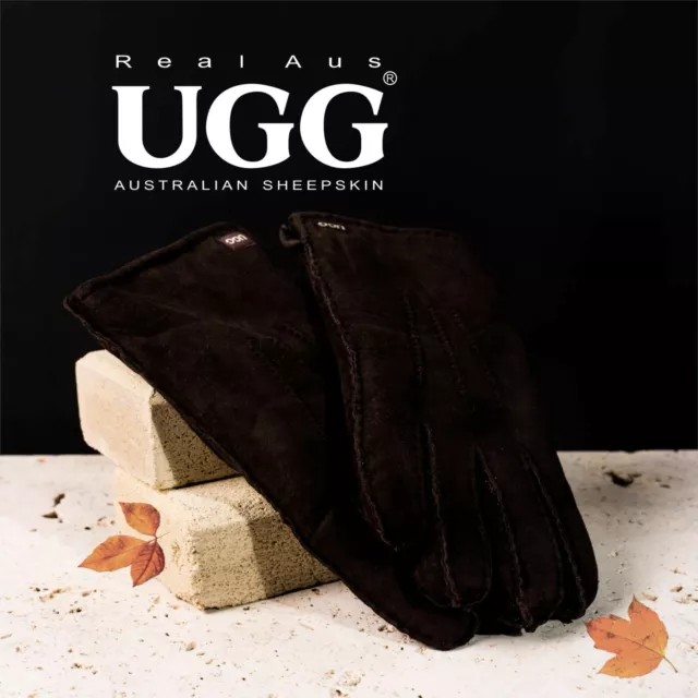 UGG Real Aus 100% Australian Sheepskin Wool Men Sheep Skin Suede Gloves Black