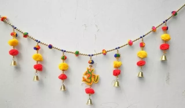 Indian Handmade Ganesh wall hanging Bandhanwar With Pompom bell For Decoration