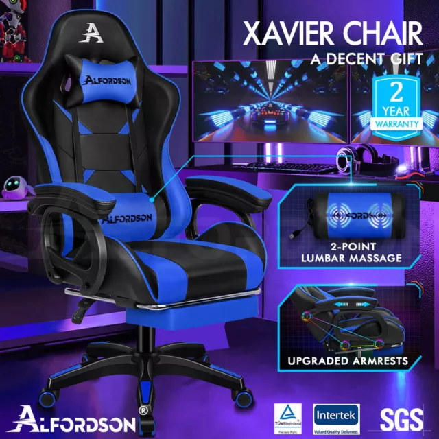 ALFORDSON Silla Gaming con Masaje Reposapiés Silla de Oficina Azul y Negro 2