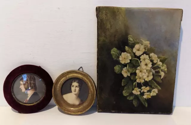 Vintage Oil Painting On Canvas + 2 Miniature Portrait Gilt Framed Victorian?