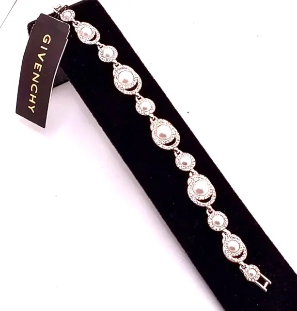Givenchy Luxury Designer Silver Tone Halo Crystal Pave Faux Pearl Flex Bracelet