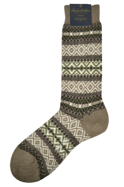 Brooks Brothers Mens Brown Green Print Cashmere Blend 1 Pair Socks 7-12 8331-7