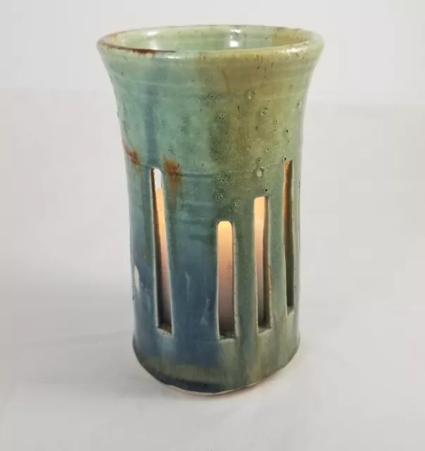 Vtg Studio Art Drip Glaze Pottery Luminary 6.5", rectangular cutouts, signed Max