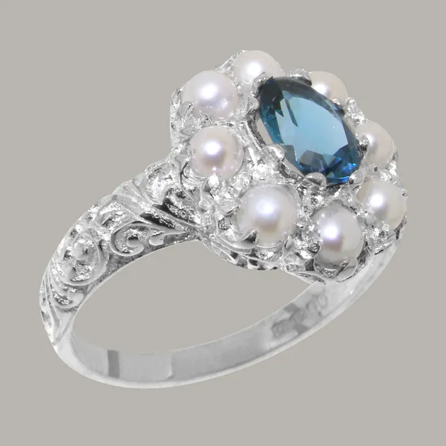 SOLID 10K WHITE Gold Natural London Blue Topaz, Pearl Cluster Ring ...