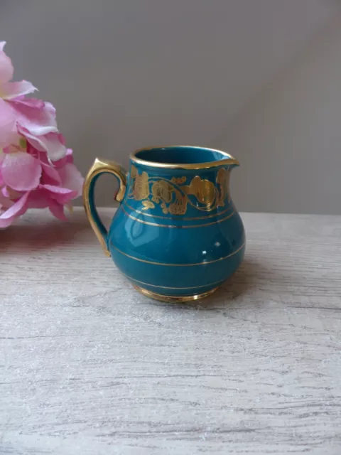 Ancien petit pot à crème Sadler en céramique bleu vert motif doré 2