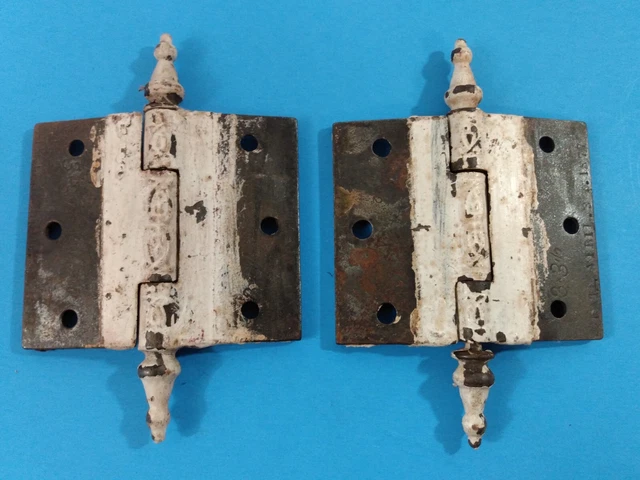 Two 1877 Victorian Antique Cast Iron Ornate Steeple-Tipped Door Hinges 3"x3.5" 4