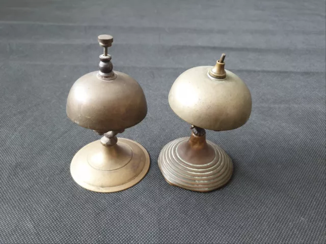 Two Vintage Brass Desk Bells with Push Buttons on Top