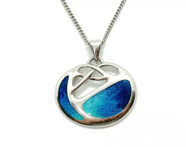 Lovely Sterling Silver Art Nouveau Style Blue Enamel Pendant Necklace