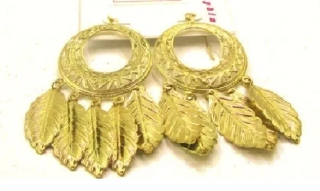 Gold-tone Filigree Hoop with Multi Feather Charms Dangling Hook Earrings