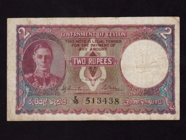 Ceylon (Sri Lanka):P-35, 2 Rupees, 1943 * King George VI * VF * NR ! *