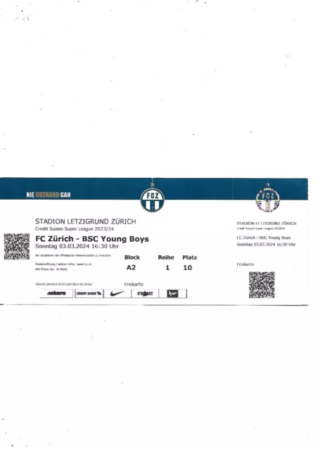 Ticket Fc Zurich-Bsc Young Boys 23/24 Suisse.