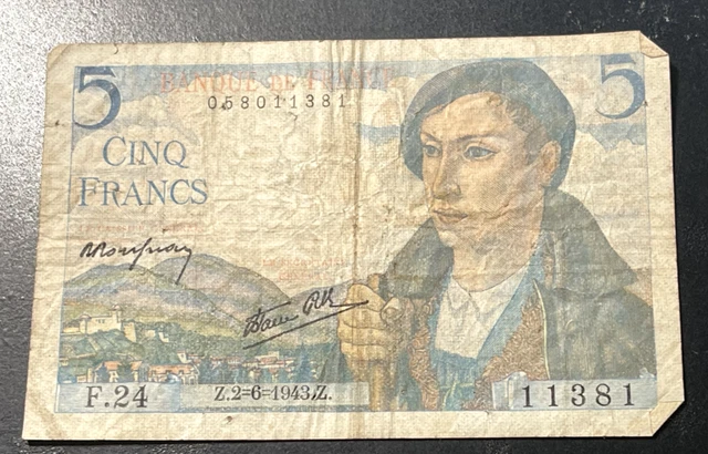 1943 5 Cinq Francs France Banknote