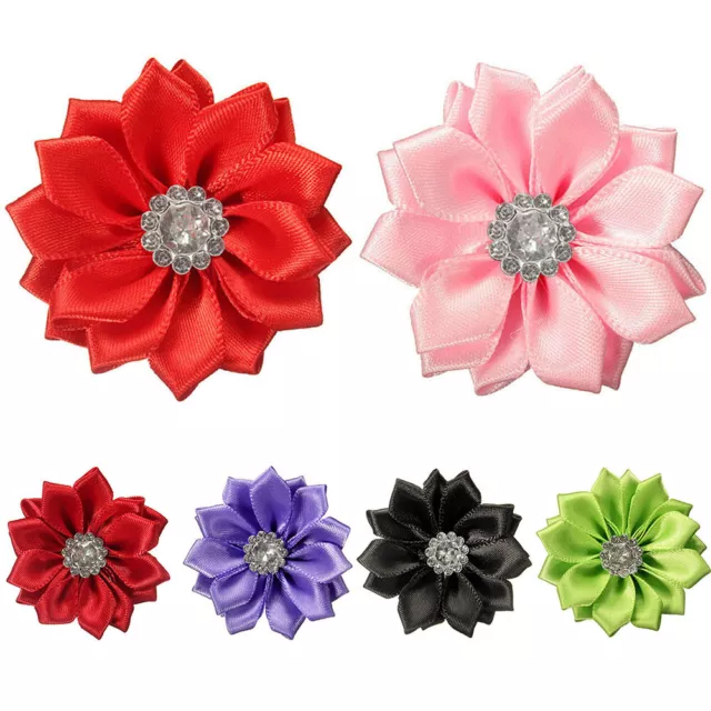 10 Pcs 4cm Satin Ribbon Flowers Shiny Rhinestone Appliques DIY Wedding Craft