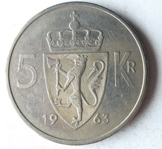 1963 NORWAY 5 KRONER - Key Date - Excellent Coin - FREE SHIP - Bin #144