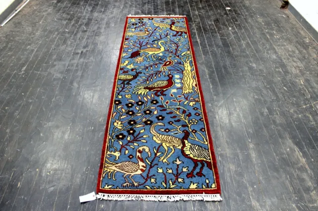 8X3 Incredible New Hand Knotted Vegetable Dye Hunting Birds  Turkish Rug Runner