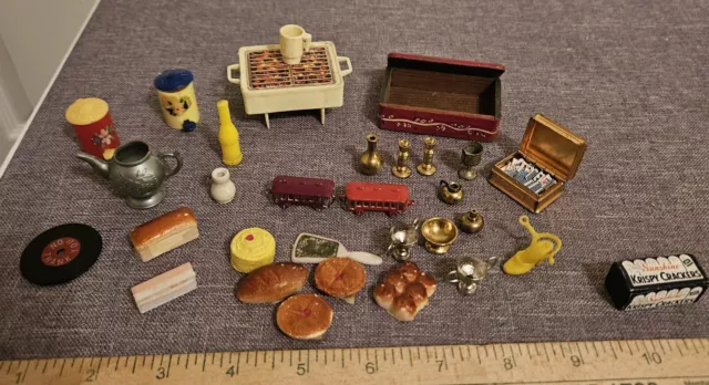 VTG Dollhouse Miniature Accessories Brass Goblet Candlestick Train Food ++