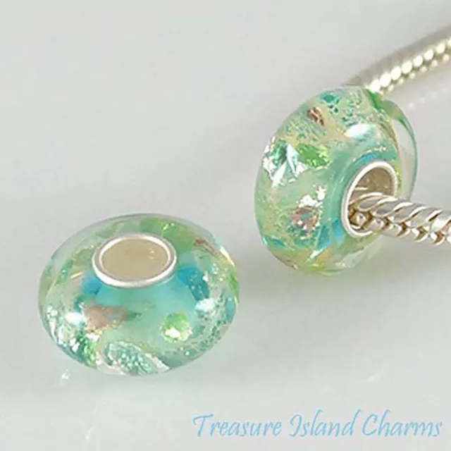 Blue Green with Foil Murano Glass 925 Sterling Silver European Bead Charm Euro