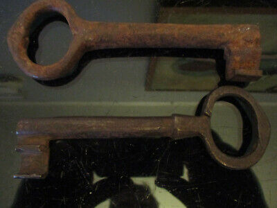 2 Antique Large Wrought Iron HAND FORGED Jail Cellar Castle Door Skeleton Keys!