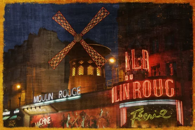 Moulin Rouge Schild bei Nacht, Foto Bild auf einem Metallschild, Plakette