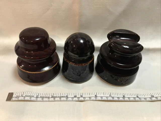 3 Vintage Power Line Electrical Porcelain Ceramic Brown Insulators Lot #4