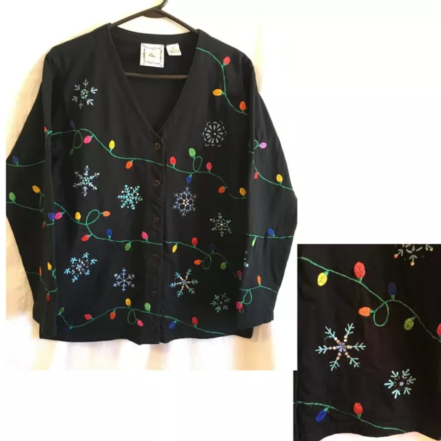 MICHAEL SIMON LITE Rhinestone CHRISTMAS LIGHTS Cardigan Sz Medium EMBROIDERY