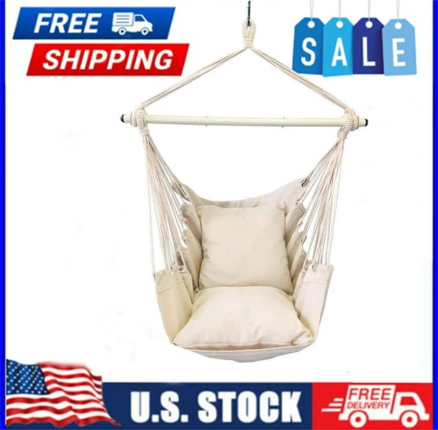 Beige Stripe Hammock Hanging Rope Chair Porch Swing Seat Patio Camping Hang