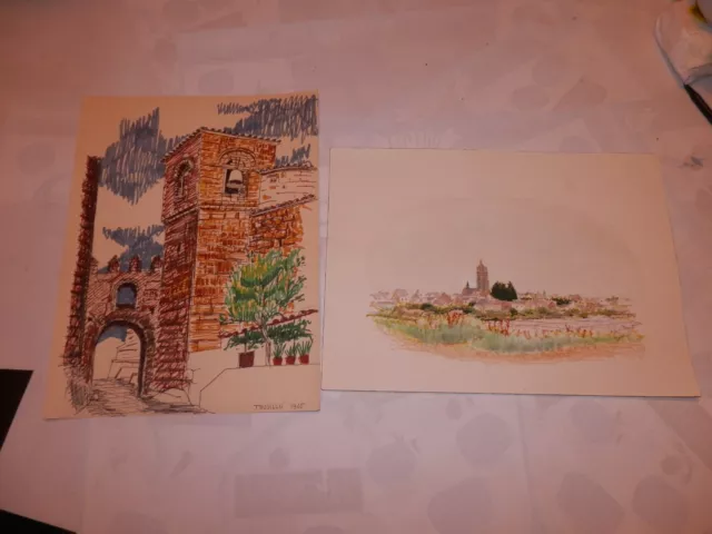 LOT DE 2 DessinS  aquarelle rehaussée à la gouache vers 1960 - 1970