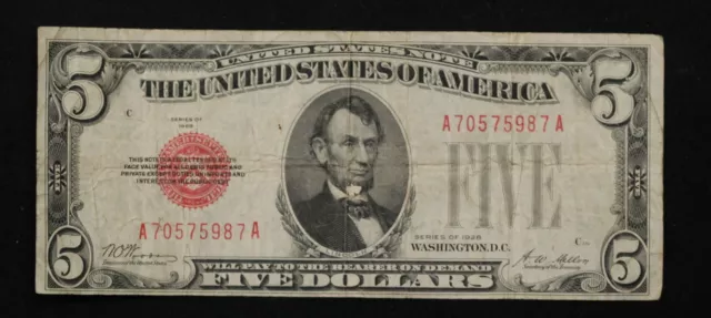 1928 Five Dollar Bill Red Seal Note Randomly Hand Picked Vg/Fine FREE SHIPPING