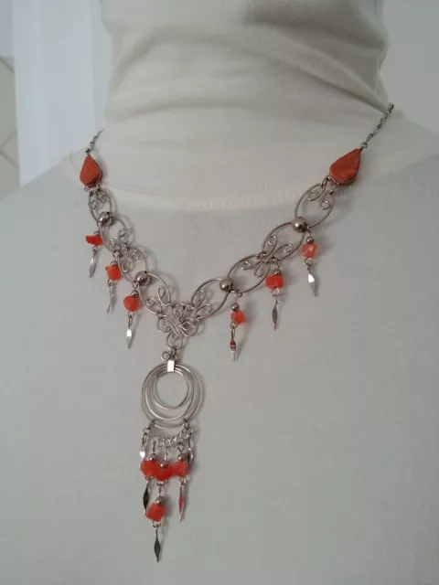 Genuine Coral Jasper Natural Healing Stone Dangle Steel Necklace Choker Gem Char