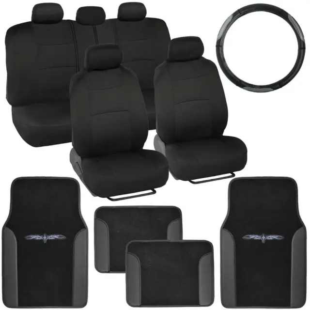 14 Pc Car Seat Covers Set Black & Black w/ PU Leather Trim Carpet Floor Mats