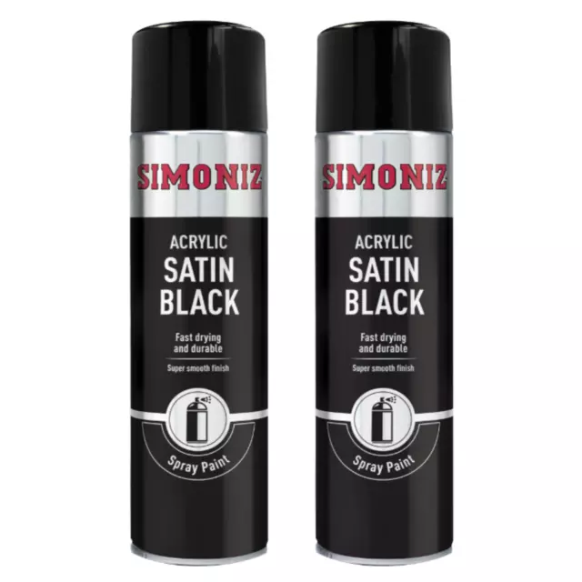 Simoniz Satin Black Spray Paint Acrylic Fast Dry Smooth Finish Durable 500ml X 2