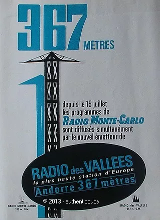 Publicite Radio Monte Carlo Radio Des Vallees Andorre 367 Metres De 1964 Ad Pub