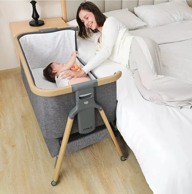 AMKE 3 in 1 Adjustable Baby Bassinet Bedside Sleeper Crib Newborn/Infant Grey