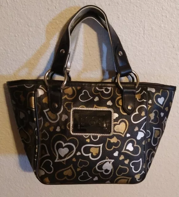 Women's Silver Gold & Black Heart Design Shoulder Bag Handbag Purse Vinyl EUC