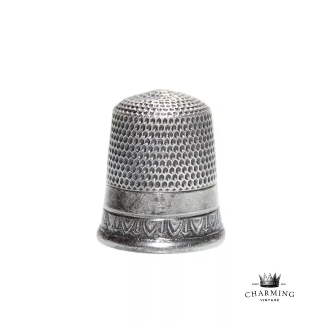 Antique Sterling Silver Size 8 Sewing Tool Etched Thimble