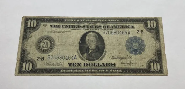 1914 $10 Federal Reserve Note New York Blue Seal Ten Dollar Bill F-909